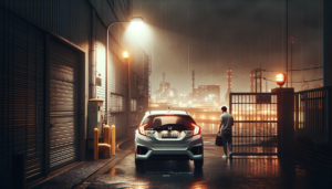 Male passenger walking away from a small car parked at the entrance to a factory.