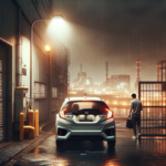 Male passenger walking away from a small car parked at the entrance to a factory.