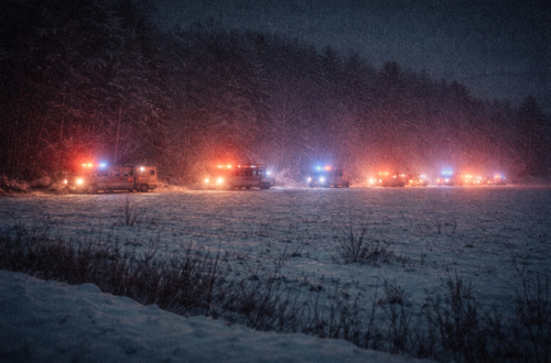 a grainy image of a line of emergency vehicles off in the distance parked along a snowy field